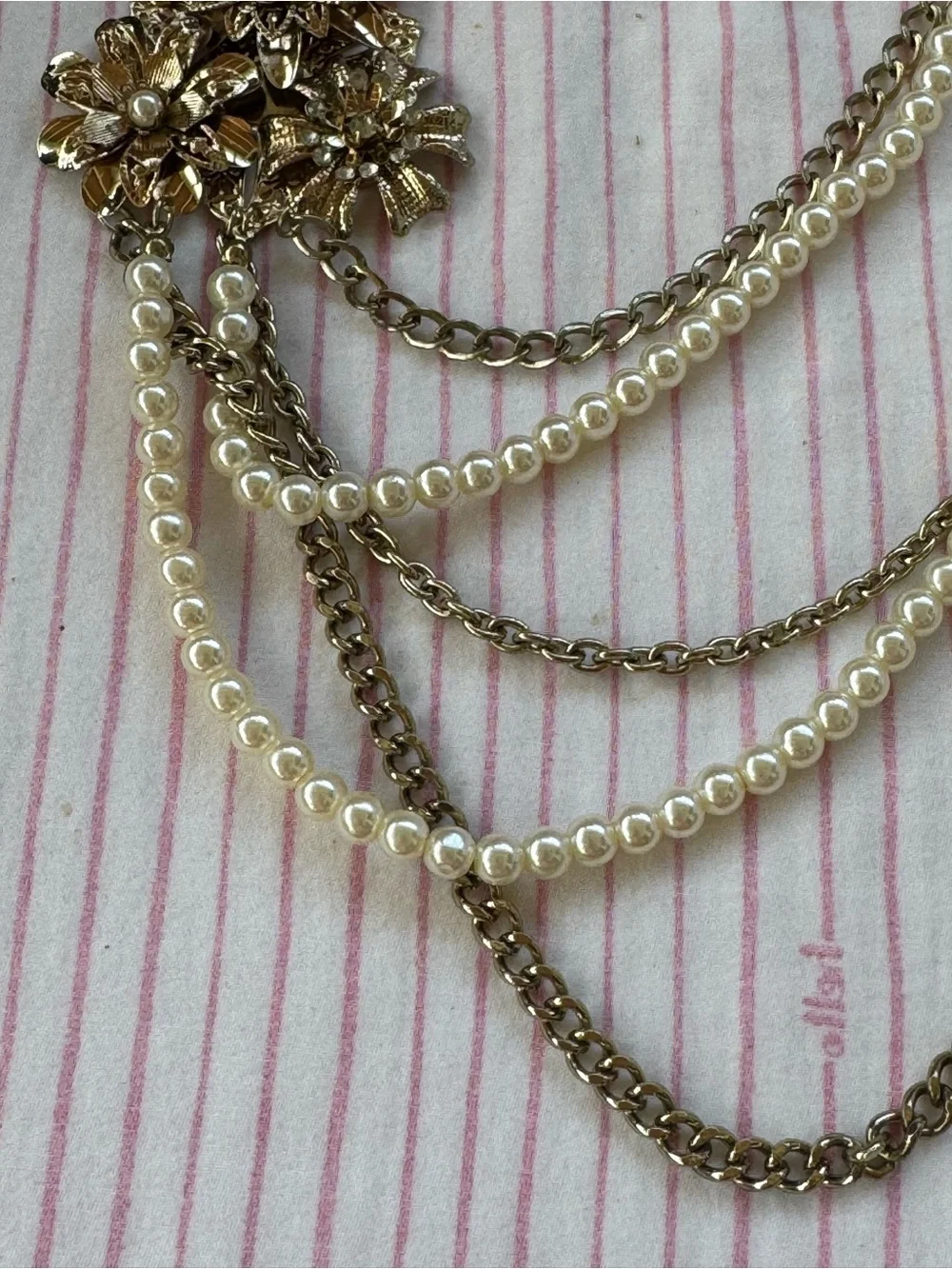 Gold-Tone Multi-Strand Pearl & Chain Necklace with Floral Accent, GUC